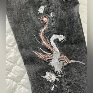 Phoenix Rising 16 W Womens Asian Inspired Y2K Boho Black Washed Worn Denim Jeans
